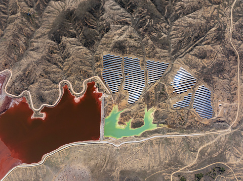 Aerial view of Colorful Lakes and Solar Power Plants in Konya, Türkiye. Taken via drone.
