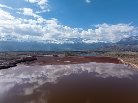 Aerial view of Red Mud Tailings Dam and Solar Power Plants in Konya, Türkiye. Taken via drone.