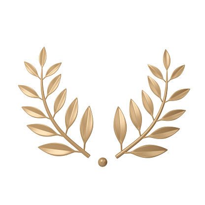 3d illustration of a golden laurel wreath and red ribbon