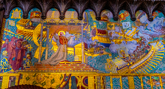 Colorful Gilded Battle of Lepanto Mosaic Basilica of Notre Dame de Fourvière Lyon France. Lepanto 1571 Pope and Christians defeated Turks in Greece. Church built from 1872 to 1896.