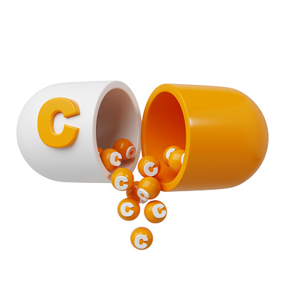Orange pill or capsule filled with vitamin C. granules are poured out of the open tablet. 3D Rendering illustration.