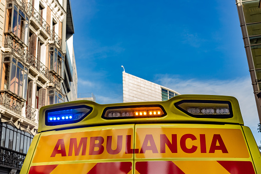 Madrid, Spain. Rear view of the lights and siren of an ambulance.