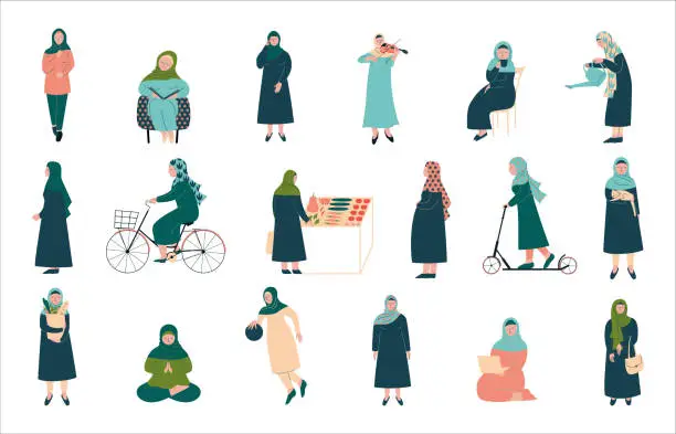 Vector illustration of Arabic Muslim Woman Characters in Hijab Engaged in Different Activities Vector Set