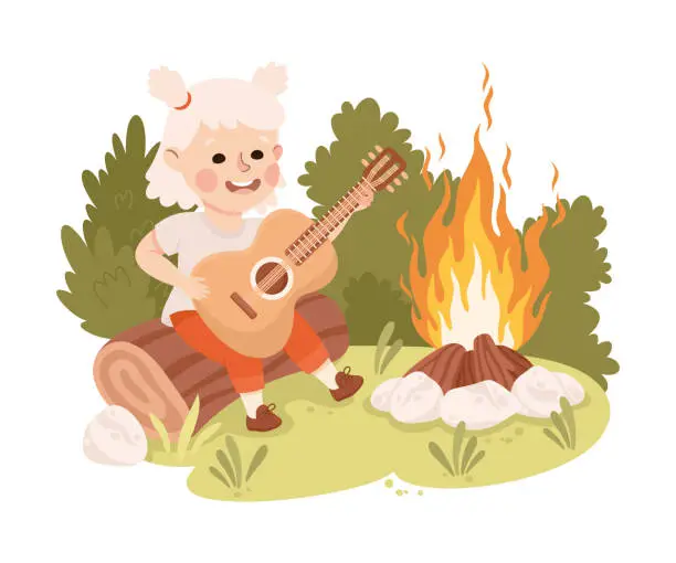 Vector illustration of Cute Little Girl Near Burning Campfire Sitting and Playing Guitar Engaged in Hiking and Trekking Vector Illustration