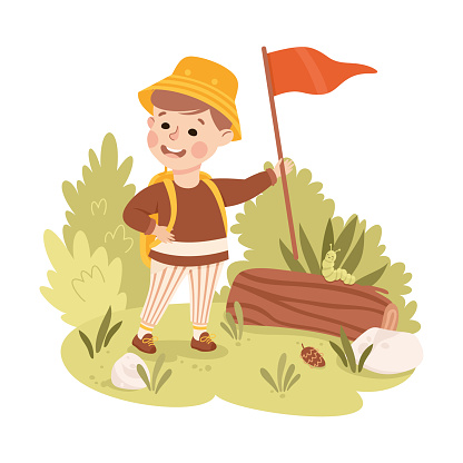 Cute Boy with Backpack and Flag Hiking and Trekking Exploring Nature Vector Illustration. Little Kid Explorer Walking Along Trail or Footpath Enjoying Active Tourism Concept