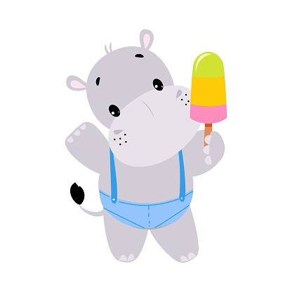 Cute Hippo Character Standing with Sweet Popsicle on Stick Vector Illustration. Funny Hippopotamus as African Mammal and Zoo Fauna