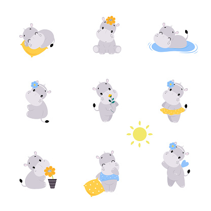 Cute Hippo Character Engaged in Different Activity Vector Set. Funny Hippopotamus as African Mammal and Zoo Fauna