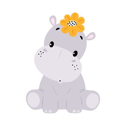 Cute Hippo Character with Flower on Head Sitting Vector Illustration. Funny Hippopotamus as African Mammal and Zoo Fauna