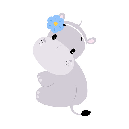 Cute Hippo Character with Blue Flower on Head Sitting Vector Illustration. Funny Hippopotamus as African Mammal and Zoo Fauna