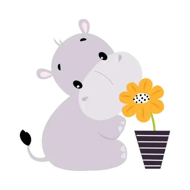 Vector illustration of Cute Hippo Character Sitting and Smelling Flower in Flowerpot Vector Illustration