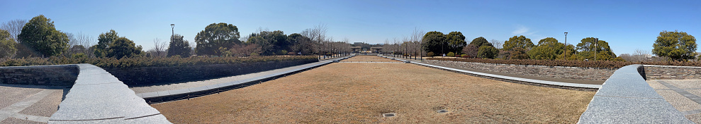 A panoramic photo of the square in Showa Kinen Park, photographed on March 11, 2024, Tokyo, Tachikawa, Japan.