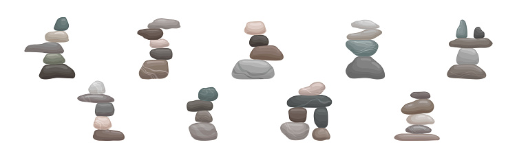 Smooth Stones and Pebbles Balancing on Each Other Creating Tower Vector Set. Pyramid of Solid Grey Boulders as Harmony Metaphor Concept