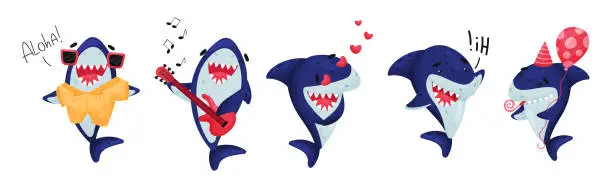 Vector illustration of Blue Toothy Cartoon Shark Engaged in Different Activity Vector Set