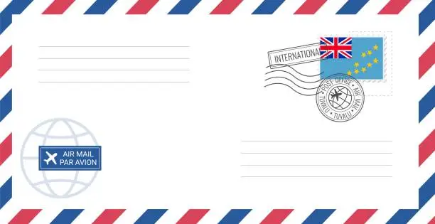 Vector illustration of Blank air mail envelope with Tuvalu postage stamp. Postcard vector illustration with Tuvalu national flag isolated on white background.