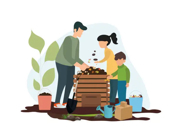 Vector illustration of Family of father and sons composting