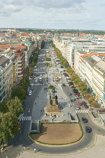 Prague, Czech Republic – October 05, 2023: Wenceslas Square in Prague in the Czech Republic seen in its full extent from above