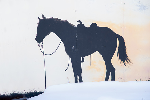 Saddled cowboy horse in snow bank silhouette in Montana in western USA of North America.