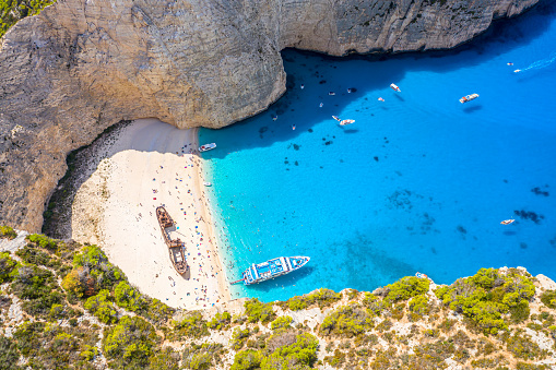 Aerial drone view of the famous Shipwreck Navagio Beach on Zakynthos island, Greece. Greece iconic vacation picture