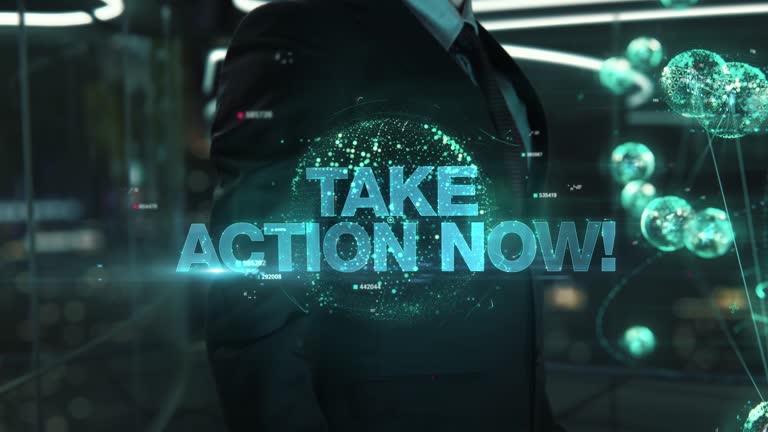 Businessman with Take Action Now hologram concept