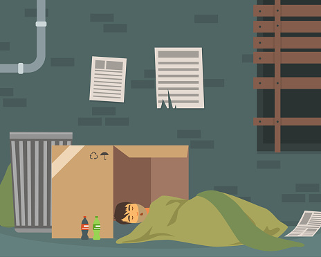 Homeless Man Sleeping in the Street Under Rags Vector Illustration. Unemployed Male in Dirty Clothing Suffering from Poverty in Need Concept