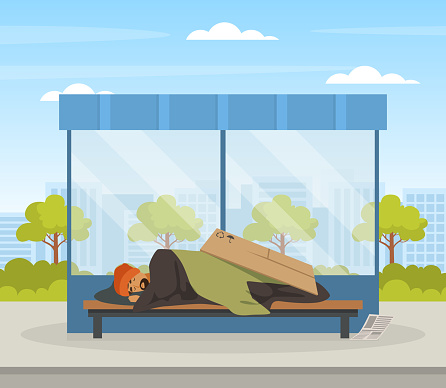 Homeless Man in Rags Sleeping on Bus Stop in the Street Vector Illustration. Unemployed Male in Dirty Clothing Suffering from Poverty in Need Concept