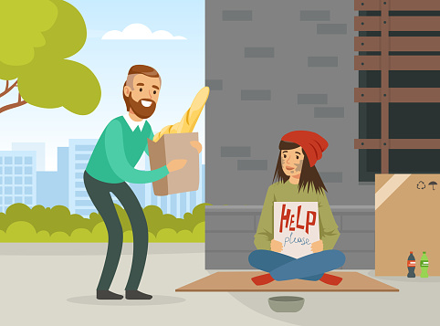 Homeless Woman in Rags Sitting in the Street Asking for Help and Kind Man Giving Her Food Vector Illustration. Unemployed Female in Dirty Clothing Suffering from Poverty in Need Concept
