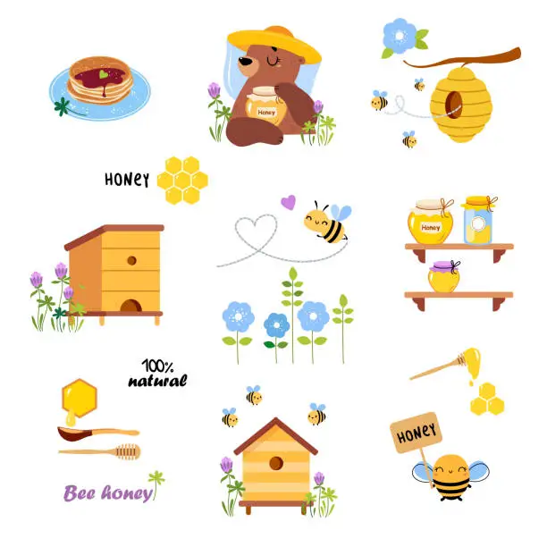 Vector illustration of Honey production objects set. Apiary products and equipment cartoon vector illustration