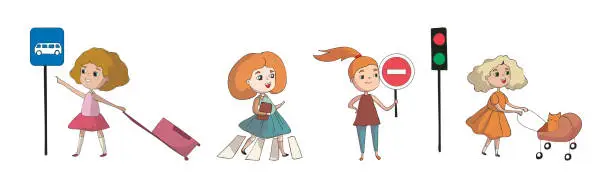 Vector illustration of Little Girl Pedestrian Learning Road Sign and Traffic Rule Vector Set