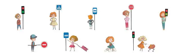 Vector illustration of Little Boy and Girl Pedestrian Learning Road Sign and Traffic Rule Vector Set