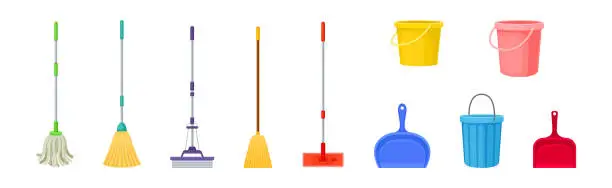 Vector illustration of Bucket, Dustpan, Mop and Broom for Cleaning and Sweeping Floors Vector Set