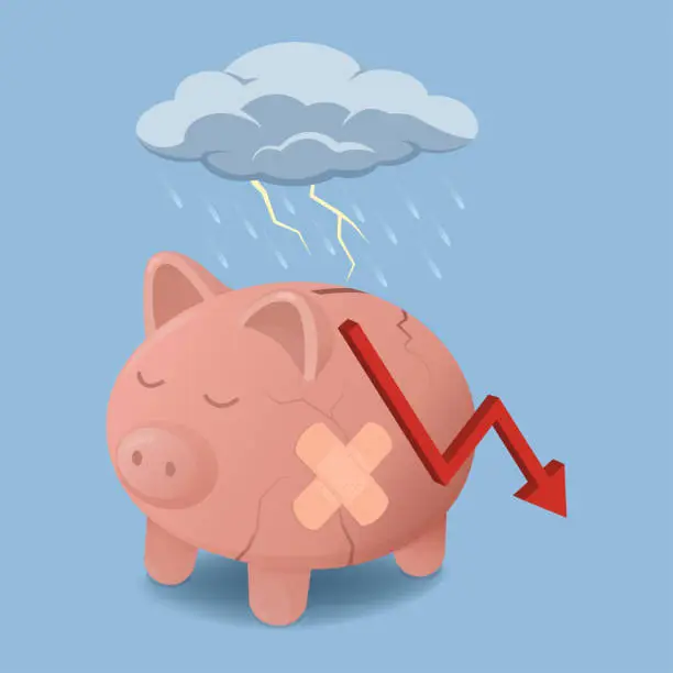 Vector illustration of Broken sad piggy bank: financial failure