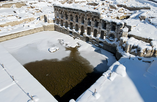 Basilica Therma is an ancient Roman spa town located in the Yozgat province of Turkey. Drone shooting on a snowy day
