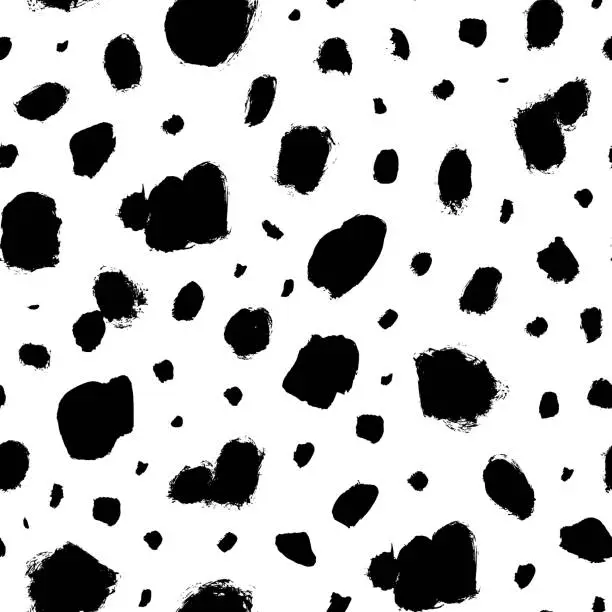 Vector illustration of Dalmatian animal fur seamless pattern. Hand drawn grunge blots and spots. Various brush strokes.