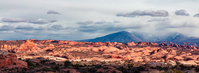 Rocky landscape of Utah, United States. Sunny Cloudy Day. Nature Background
