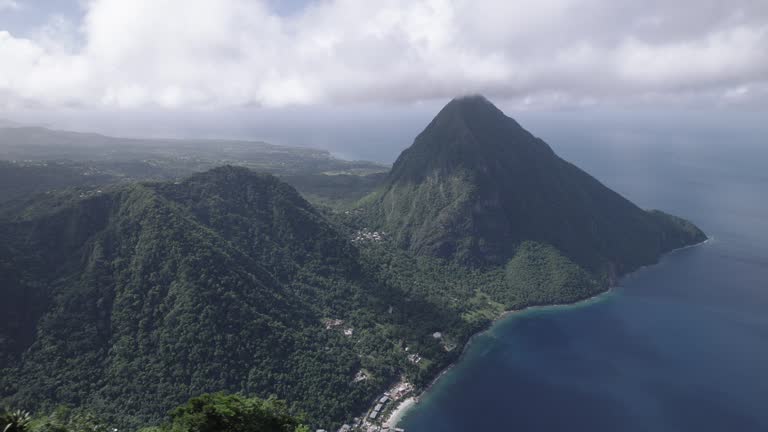 Aerial  of Gros Piton and Petit Piton on St. Lucia from the peak