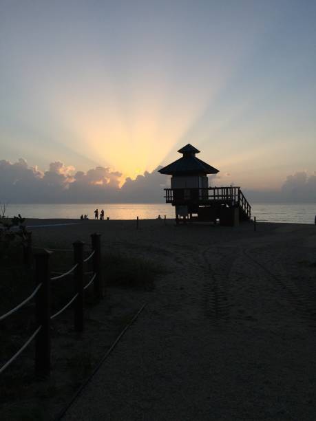 Sunrise over lifeguard house in Sunny Isles Beach, Florida