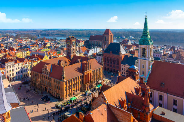 aerial panoramic view of historical buildings and roofs in polish medieval town torun - polish culture poland malopolskie province cathedral 뉴스 사진 이미지