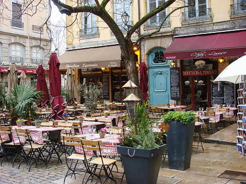 View of the street and cafe in the old town. Lyon. France.