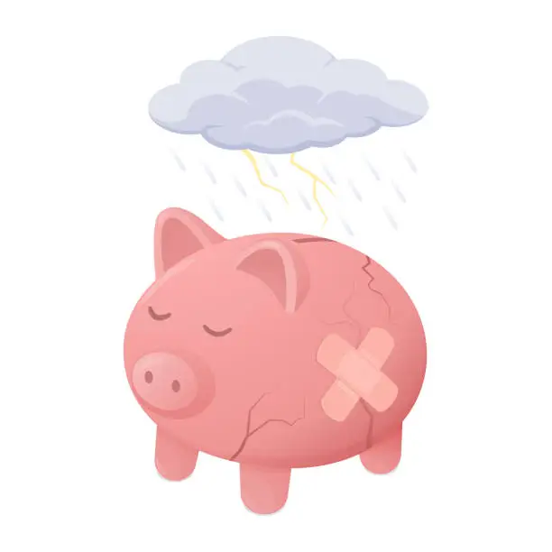 Vector illustration of Broken sad piggy bank: financial failure