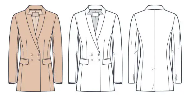 Vector illustration of Classic Jacket technical fashion illustration. Double Breasted Jacket, Blazer fashion flat technical drawing template, front and back view, white, beige color, women, men, unisex CAD mockup set.