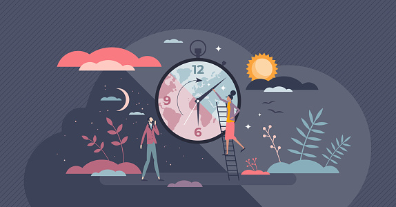 Sleep routine and Circadian rhythm schedule for bedtime tiny person concept. Daily relaxation regulation with day and night stages vector illustration. Time clock circle for body health wellness.