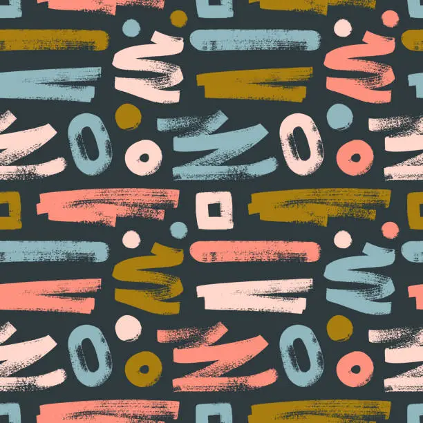 Vector illustration of Pastel colored bold curved lines doodle seamless pattern with circles. Brush drawn vector geometric shapes.