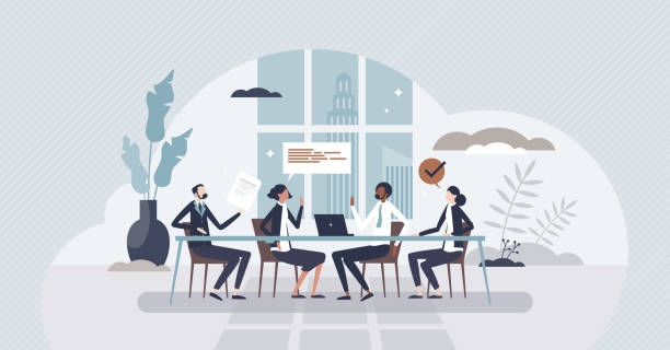 Board of directors in office with CEO business leaders tiny person concept Board of directors in office with CEO business leaders tiny person concept. Meeting with company executive and colleagues vector illustration. Professional communication in cooperative boardroom. corporate office cubicle stock illustrations