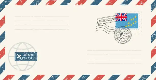 Vector illustration of Blank air mail grunge envelope with Tuvalu postage stamp. Vintage postcard vector illustration with Tuvalu national flag isolated on white background. Retro style.