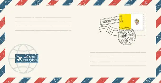 Vector illustration of Blank air mail grunge envelope with Vatican postage stamp. Vintage postcard vector illustration with national flag of the Vatican City isolated on white background. Retro style.