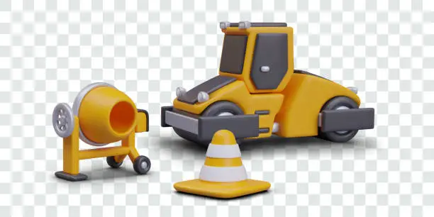 Vector illustration of Yellow concrete mixer, asphalt paver, signal cone. Professional equipment