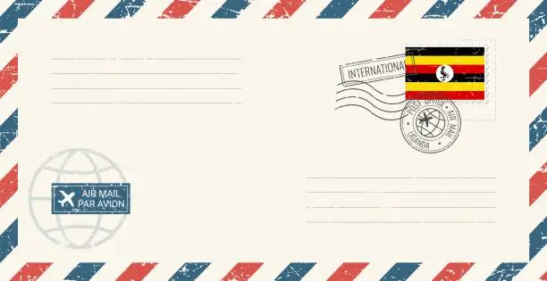 Vector illustration of Blank air mail grunge envelope with Uganda postage stamp. Vintage postcard vector illustration with Ugandan national flag isolated on white background. Retro style.