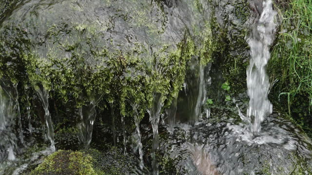 A close-up view of a waterfall in a natural setting. zoom out