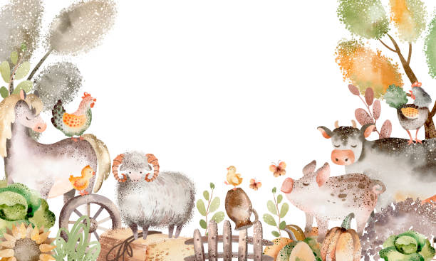 Farm animals frame template. Farm animals card. Watercolor border with cute cow, horse and pig for birthday invite. Frame template for child card. Cartoon pet characters. birthday and invitation card animal background with chicken stock illustrations