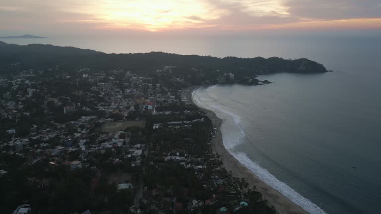Aerial Panoramic Sunset of Sayulita Beach Mexican Pacific Summer Coastline Town